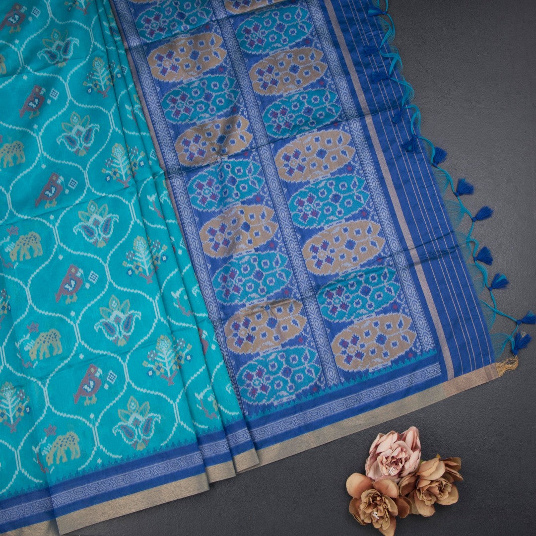 Raw Silk Rama Blue Ikkat Printed Saree