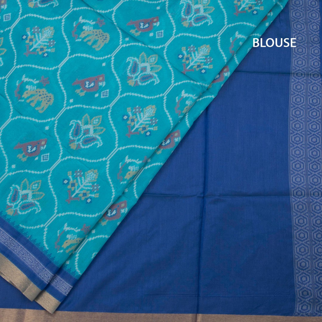 Raw Silk Rama Blue Ikkat Printed Saree