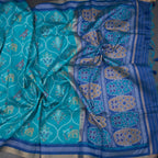 Raw Silk Rama Blue Ikkat Printed Saree