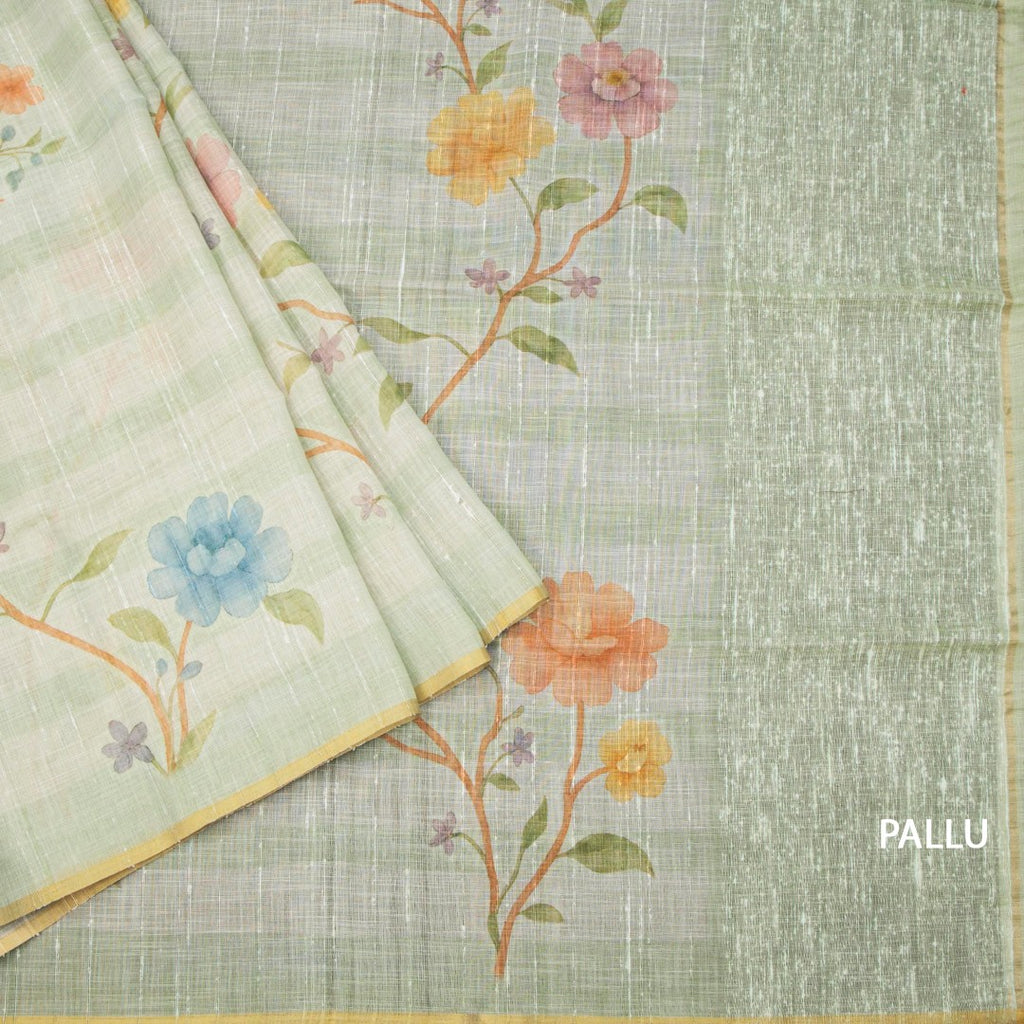 Linen Light Green Floral Paint Work Saree
