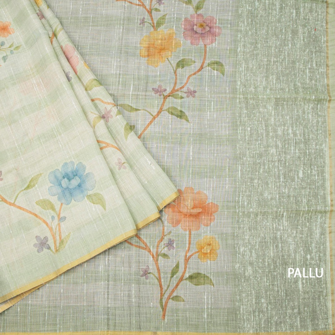 Linen Light Green Floral Paint Work Saree