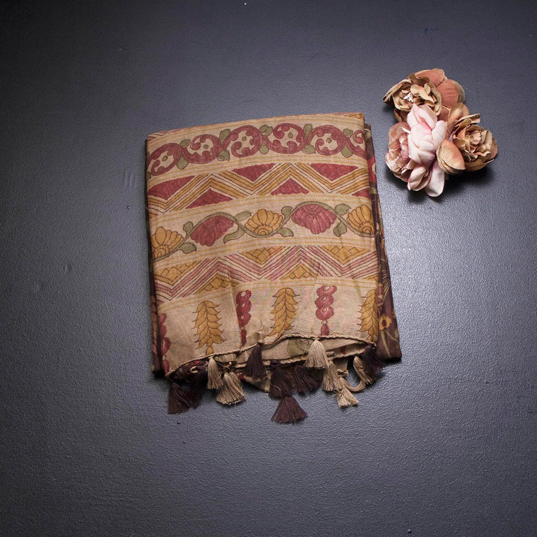 Semi Linen Dark Brown Floral Printed Saree