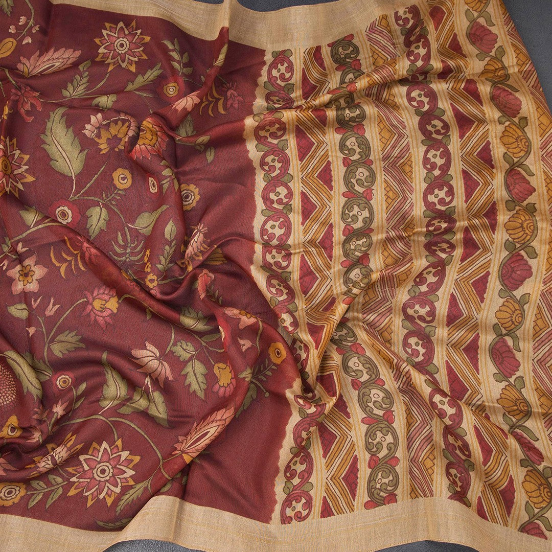 Semi Linen Maroon Floral Printed Saree