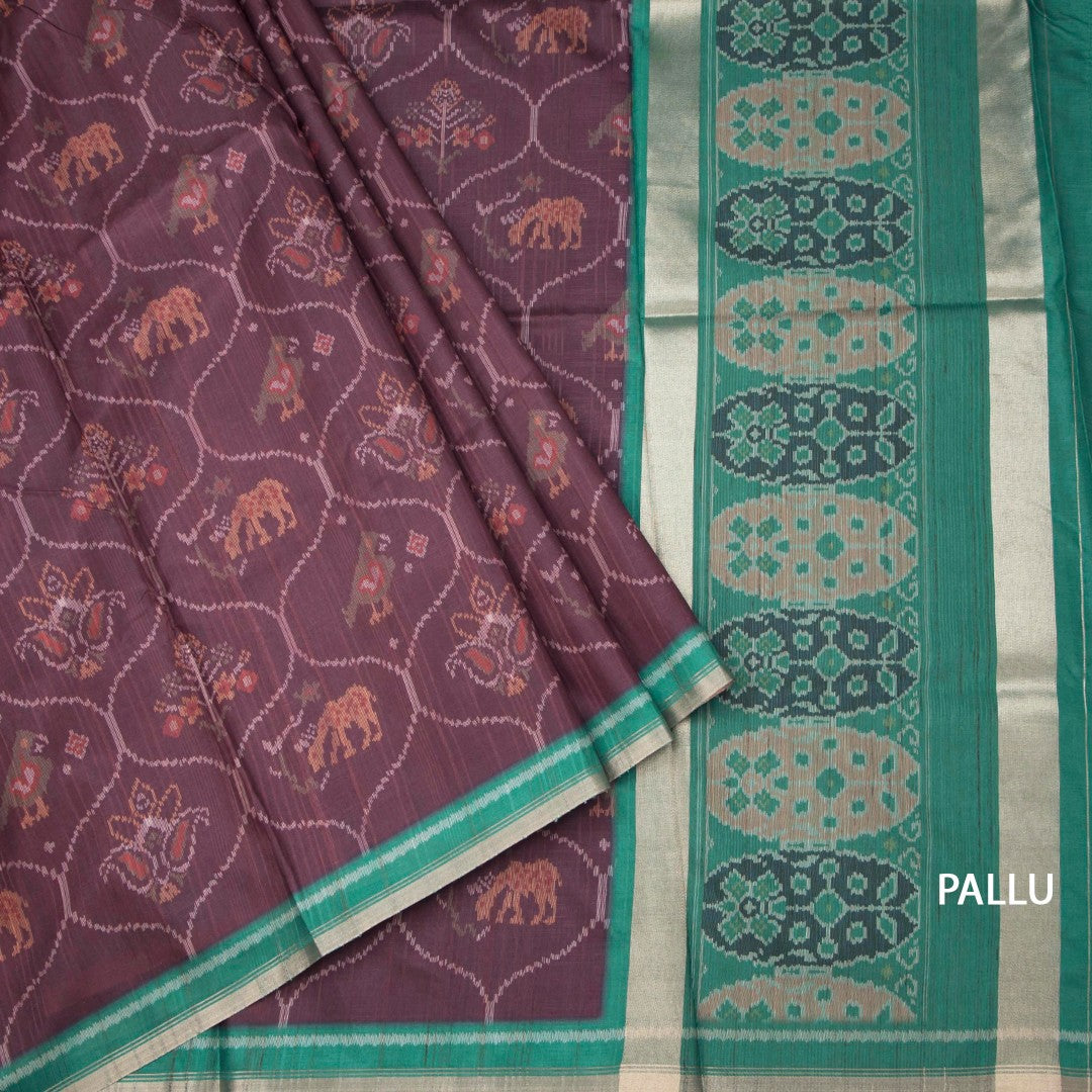 Raw Silk Dark Brown Ikkat Printed Saree 02
