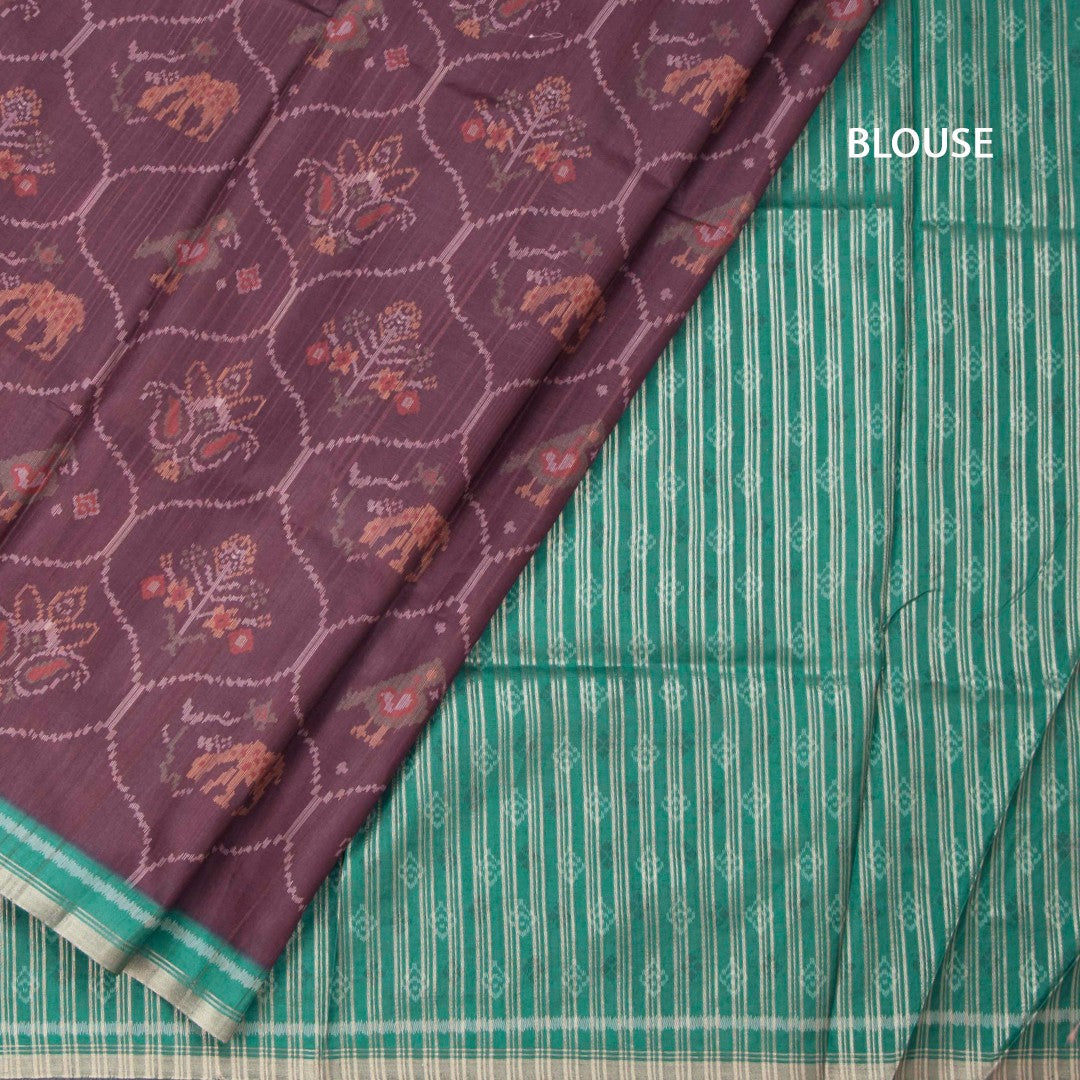Raw Silk Dark Brown Ikkat Printed Saree 02