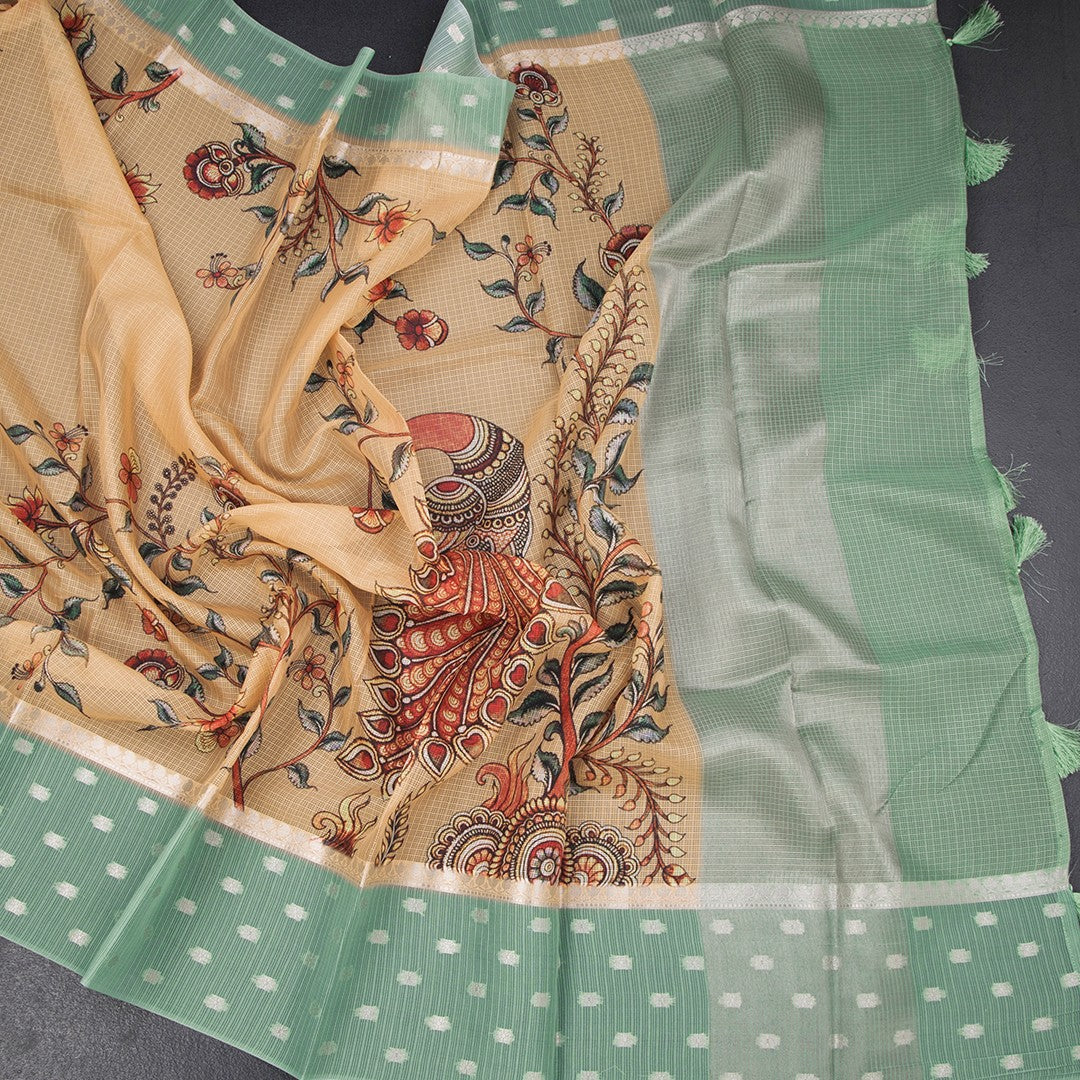 Kota Dark Sandal Floral Paint Work Saree