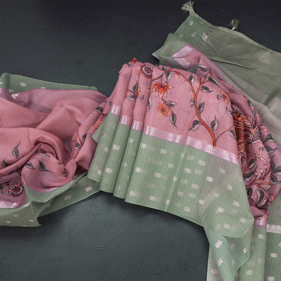 Kota Rose Pink Floral Paint Work Saree