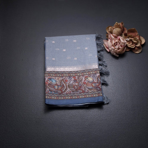 Kota Cornflower Blue Saree With Zari Buttas And Printed Border