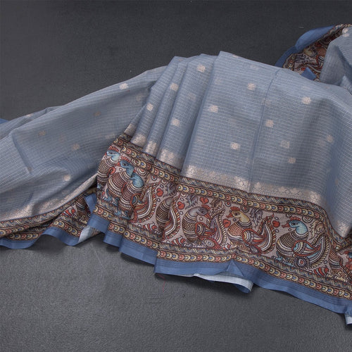 Kota Cornflower Blue Saree With Zari Buttas And Printed Border