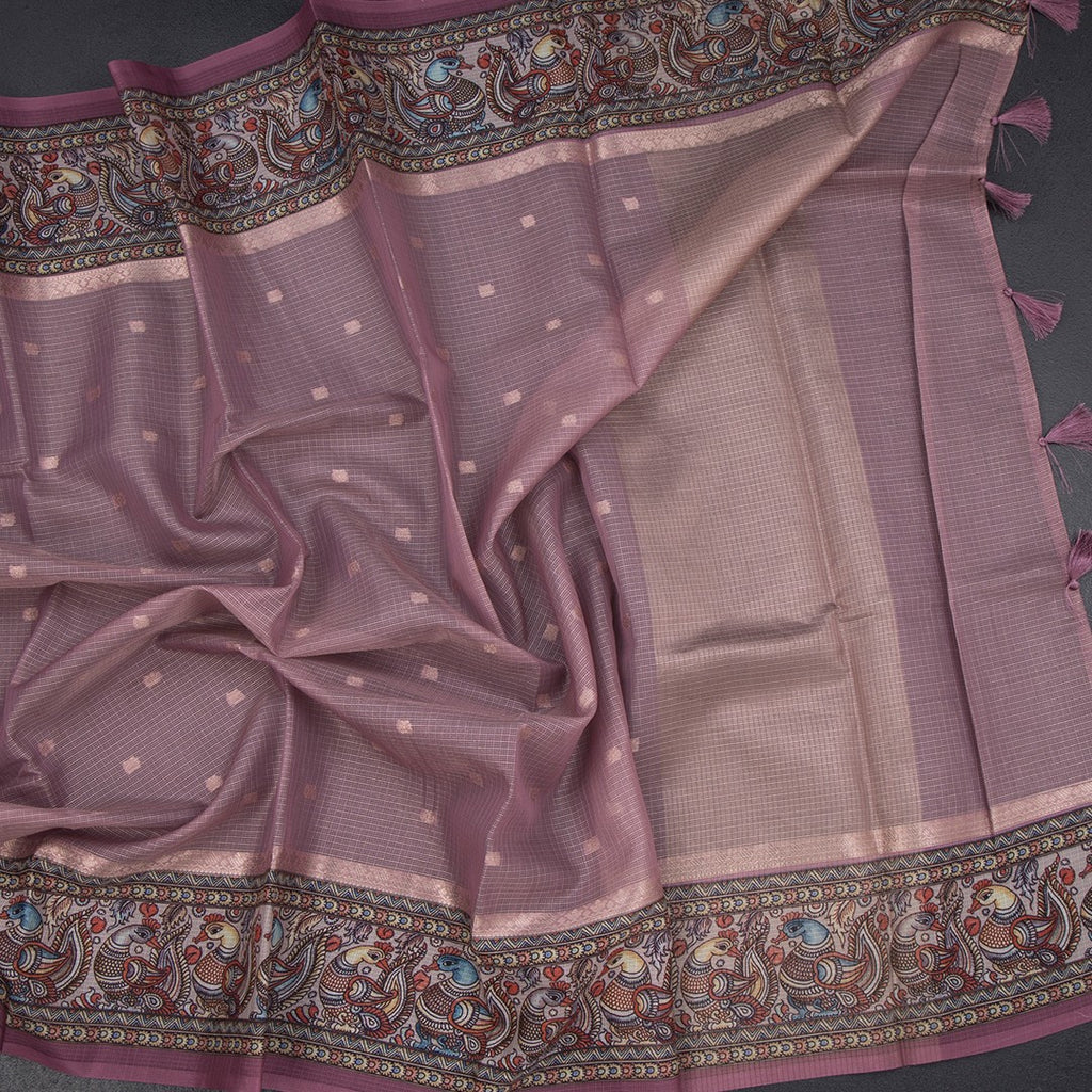 Kota Onion Pink Saree With Zari Buttas And Printed Border