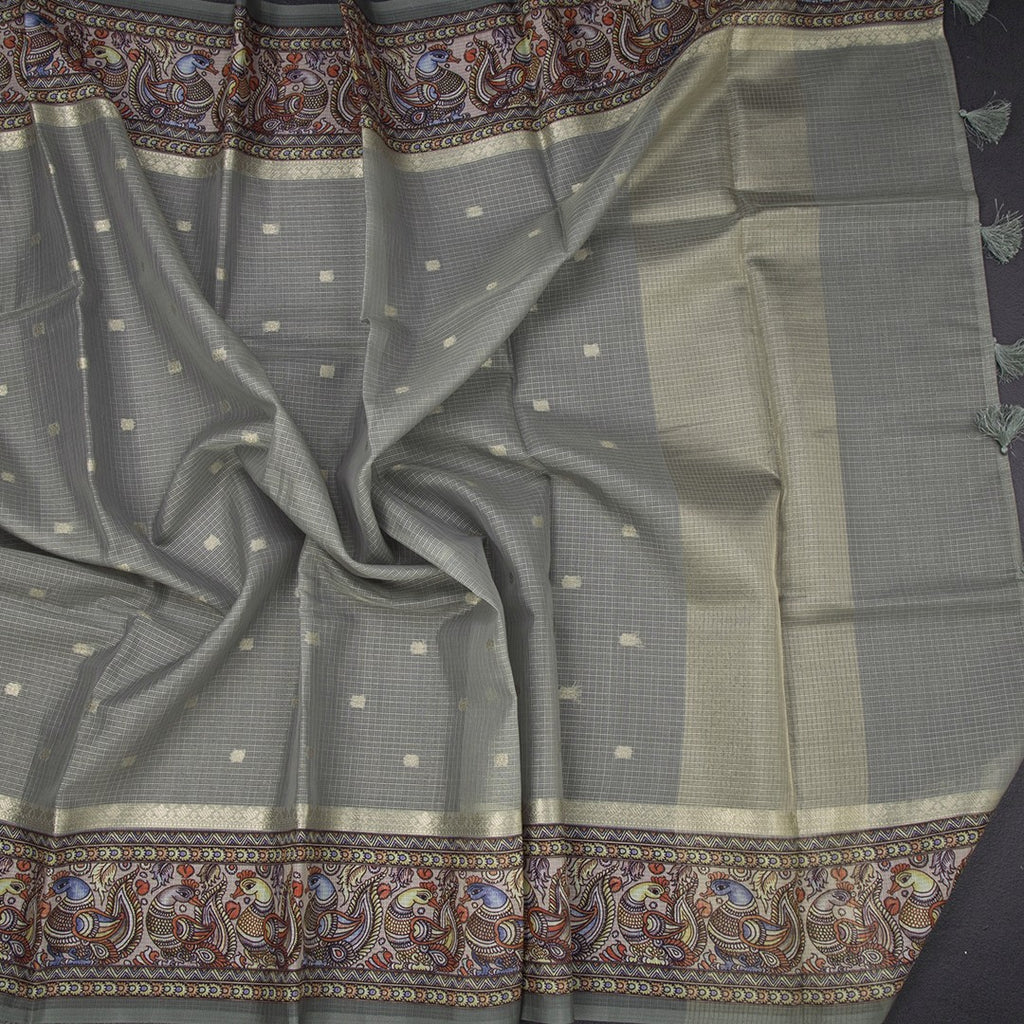 Kota Sage Green Saree With Zari Buttas And Printed Border