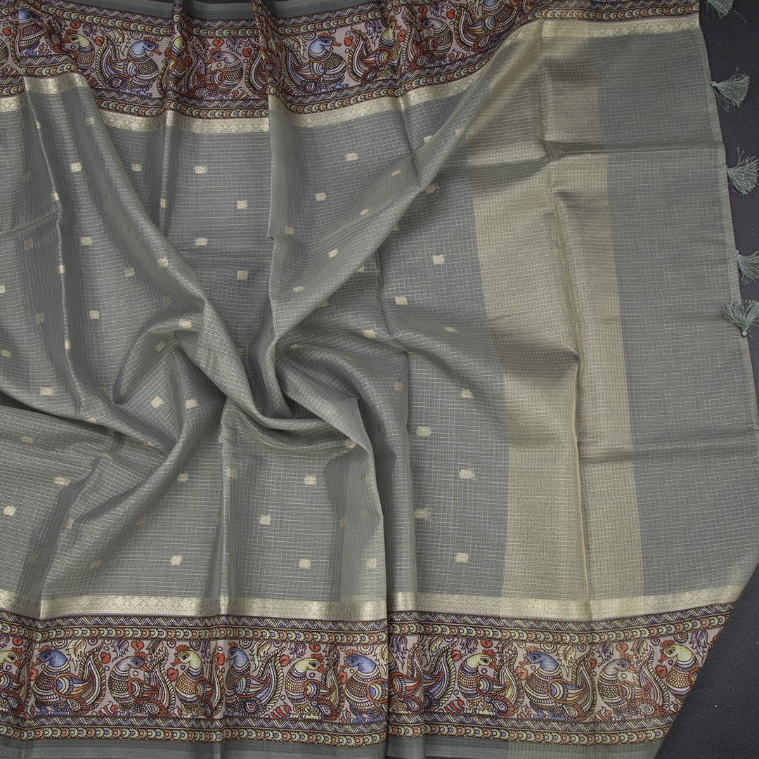 Kota Sage Green Saree With Zari Buttas And Printed Border