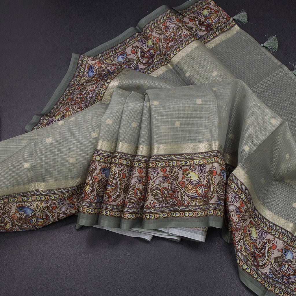 Kota Sage Green Saree With Zari Buttas And Printed Border
