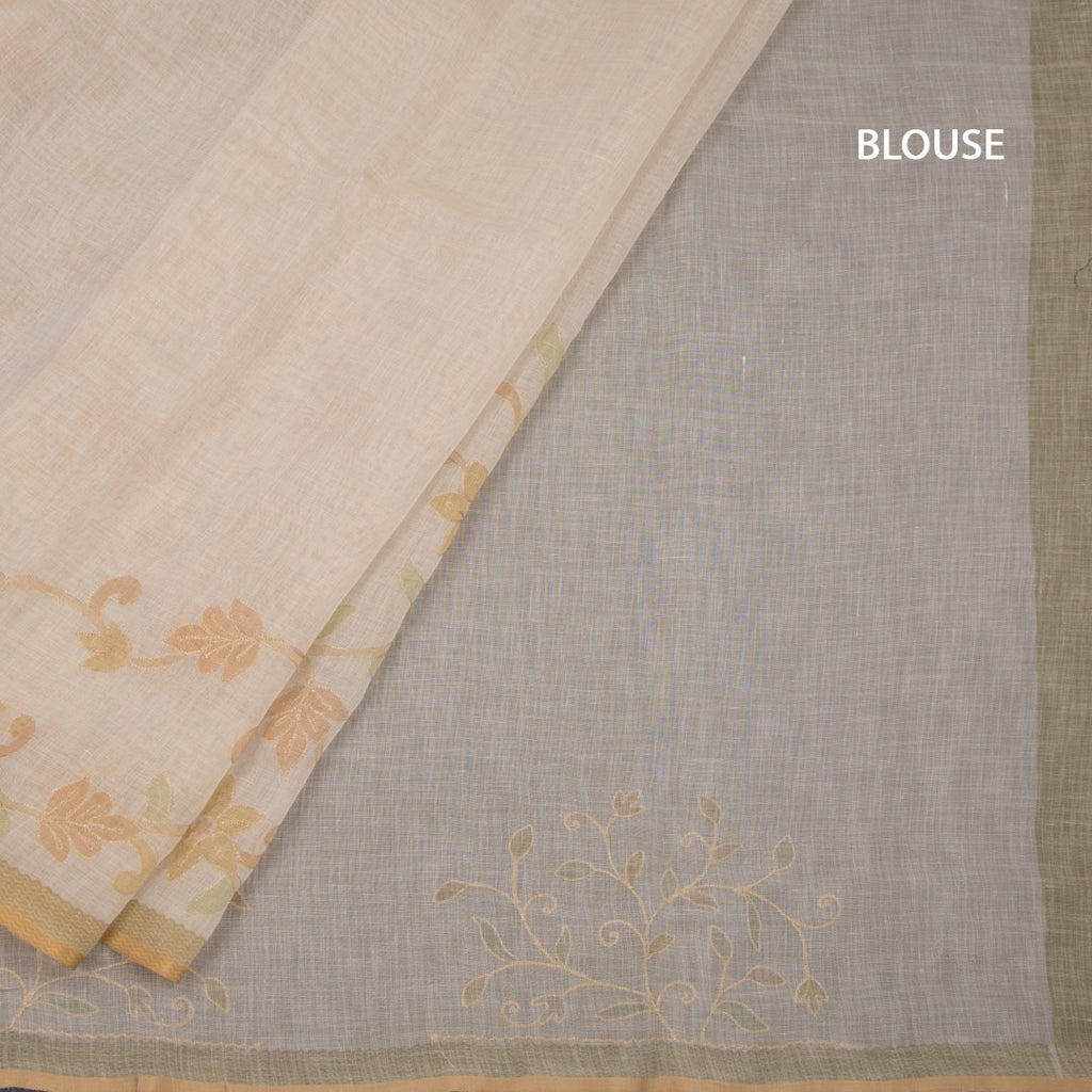 Linen Light Sandal Saree With Painted Zari Thread Work