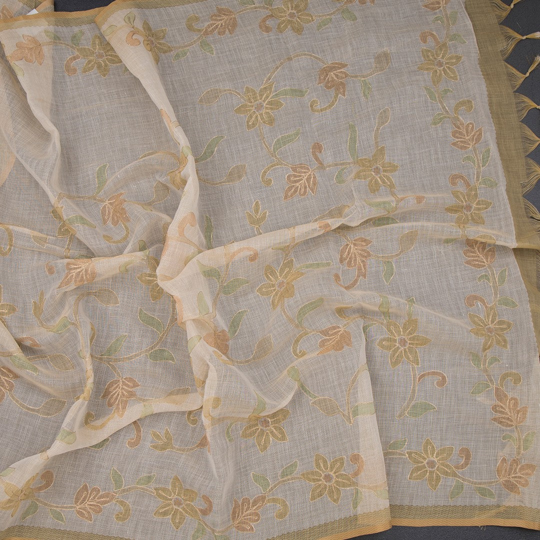 Linen Light Sandal Saree With Painted Zari Thread Work