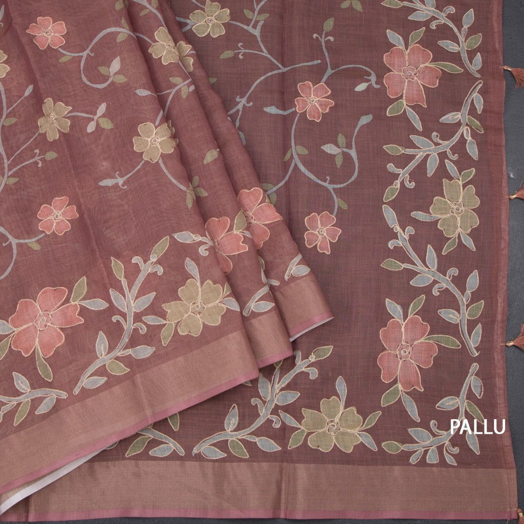 Linen Cinnamon Brown Saree With Painted Zari Thread Work 