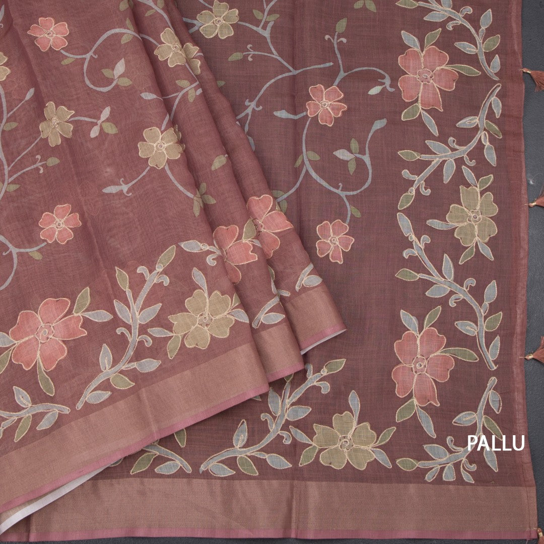 Linen Cinnamon Brown Saree With Painted Zari Thread Work 