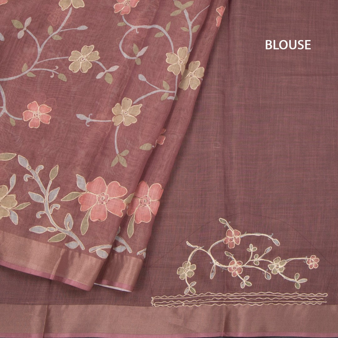 Linen Cinnamon Brown Saree With Painted Zari Thread Work 