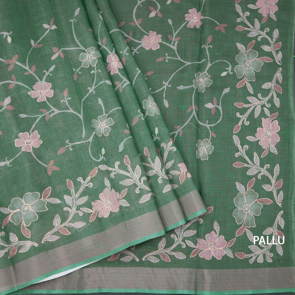 Linen Jade Green Saree With Painted Zari Thread Work