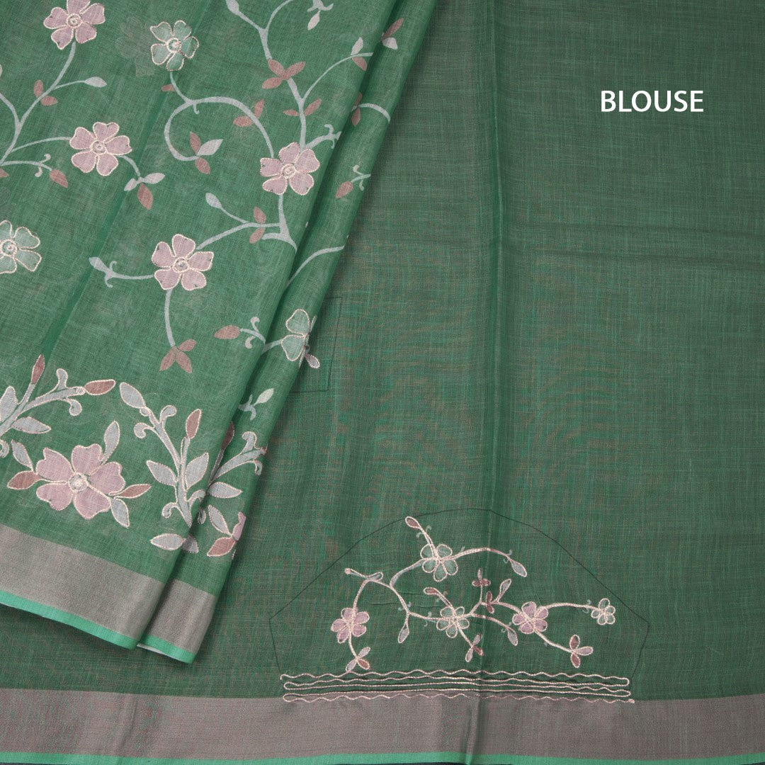 Linen Jade Green Saree With Painted Zari Thread Work