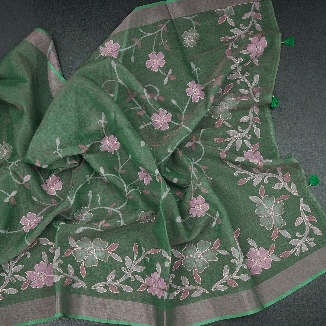 Linen Jade Green Saree With Painted Zari Thread Work