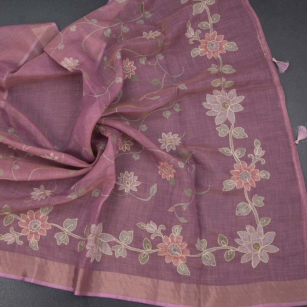 Linen Onion Pink Saree With Painted Zari Thread Work