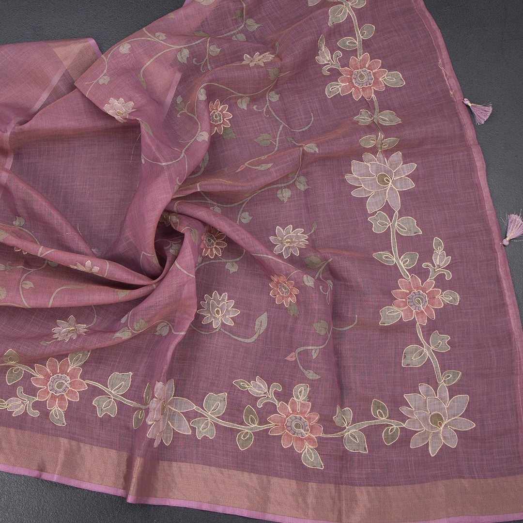 Linen Onion Pink Saree With Painted Zari Thread Work