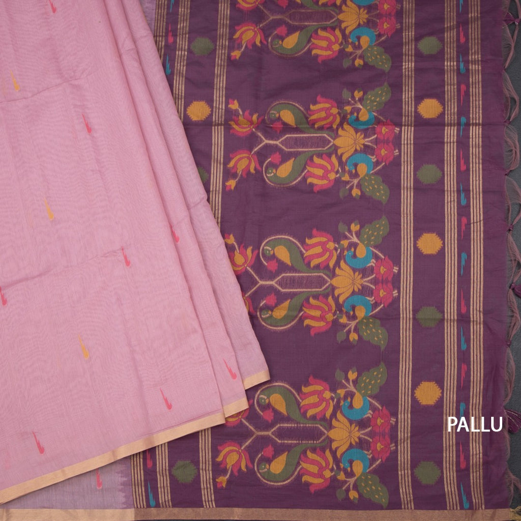 Silk Cotton Light Pink Borderless Thread Work Saree