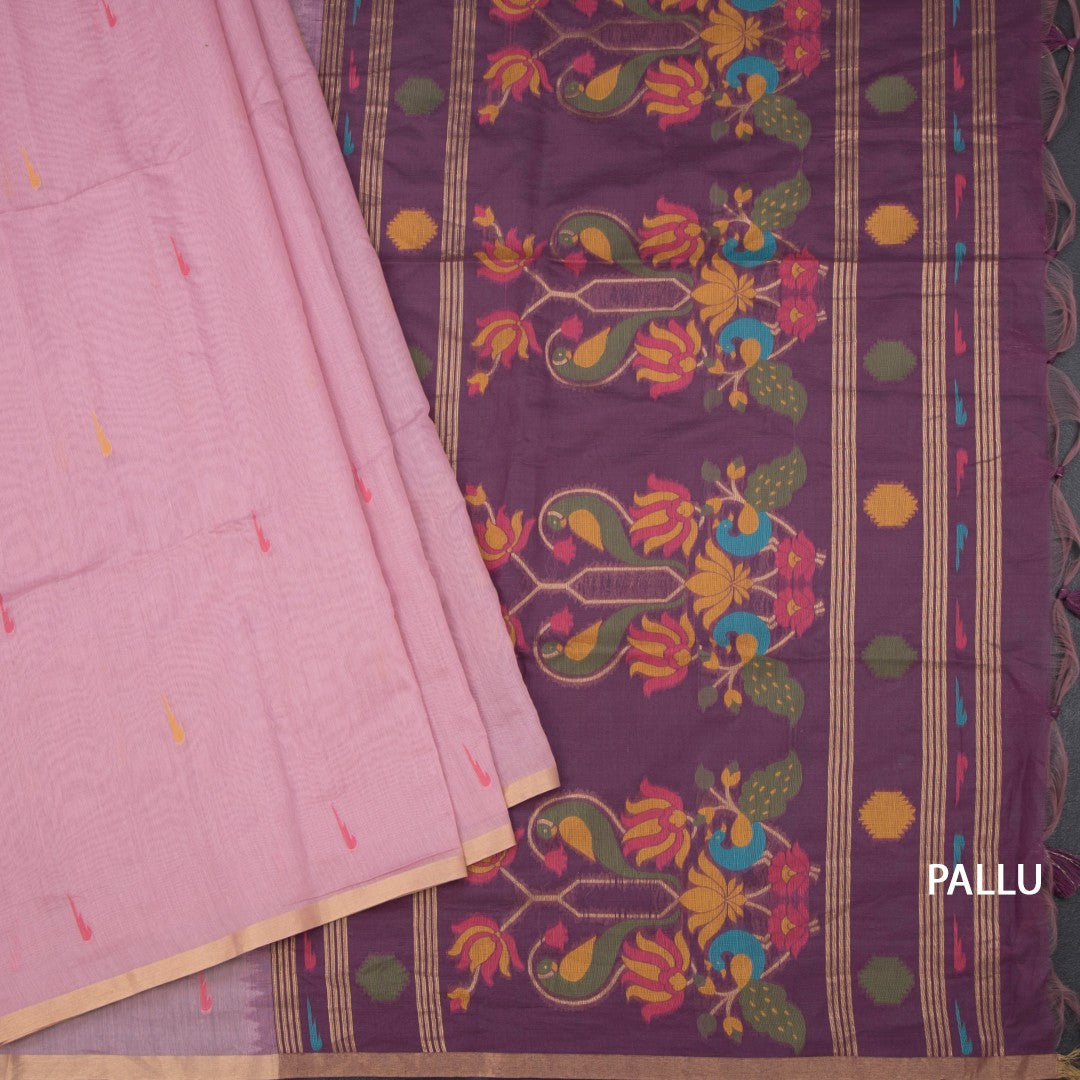 Silk Cotton Light Pink Borderless Thread Work Saree