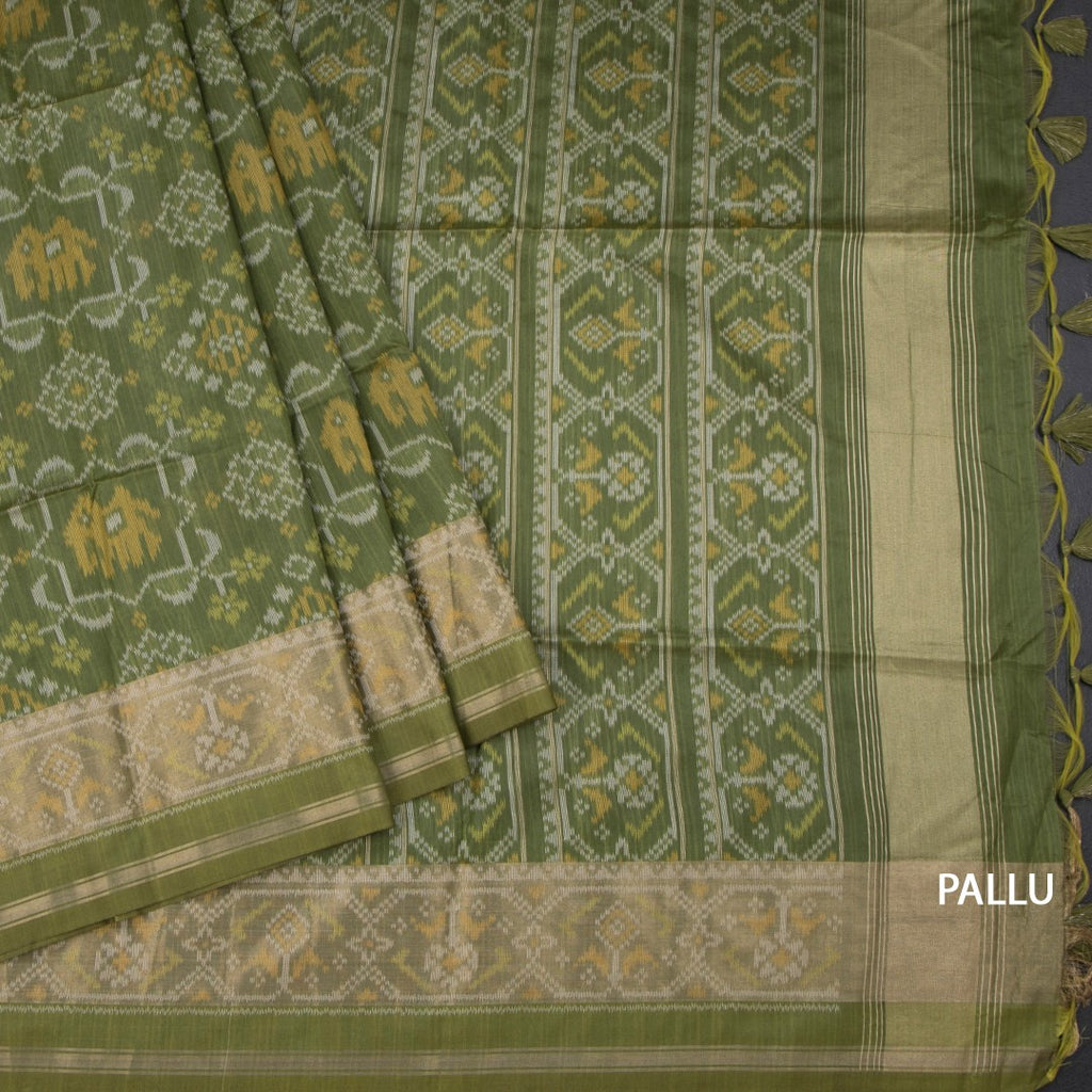 Raw Silk Parrot Green Printed Saree 02