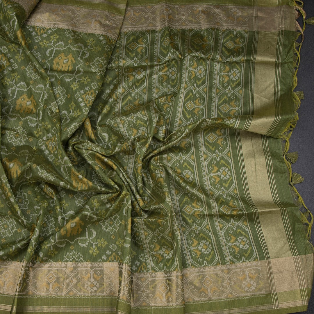 Raw Silk Parrot Green Printed Saree 02