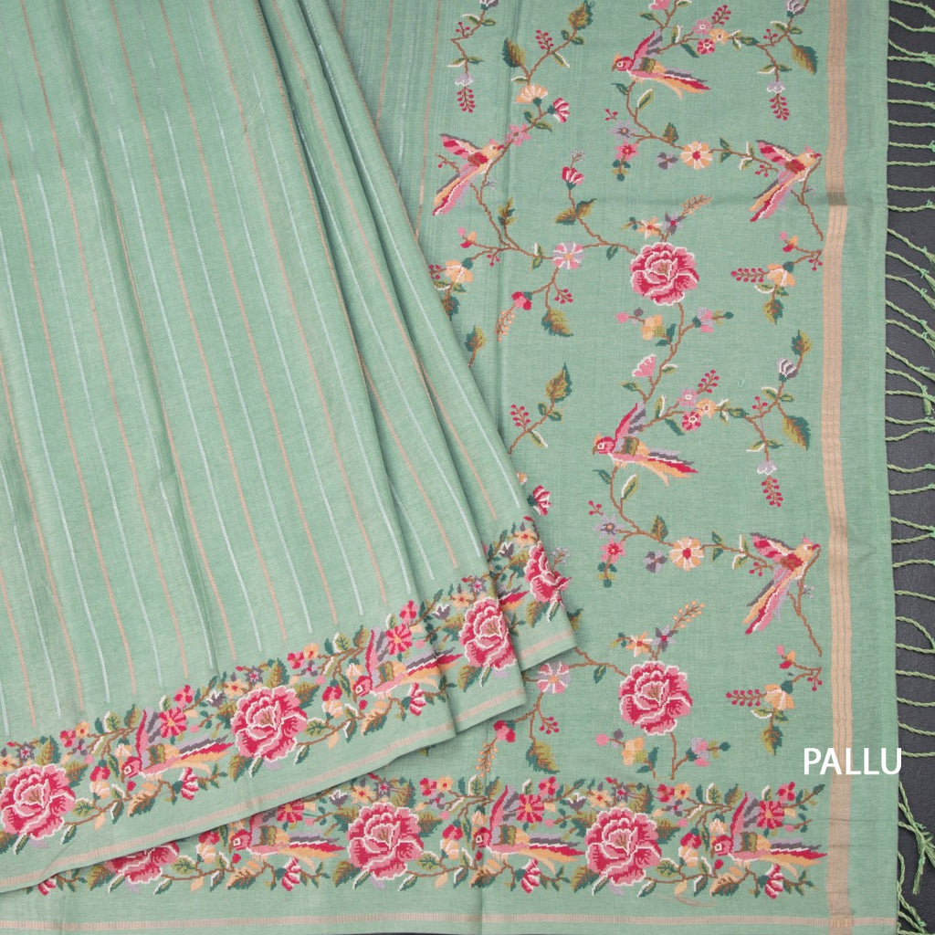 Raw Silk Pista Green Zari Stripes Saree And Floral Thread Border