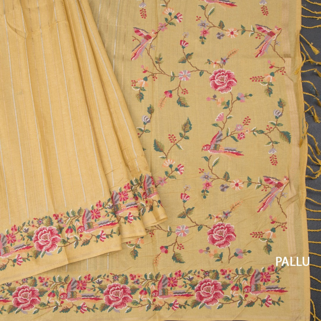 Raw Silk Yellow Zari Stripes Saree And Floral Thread Border