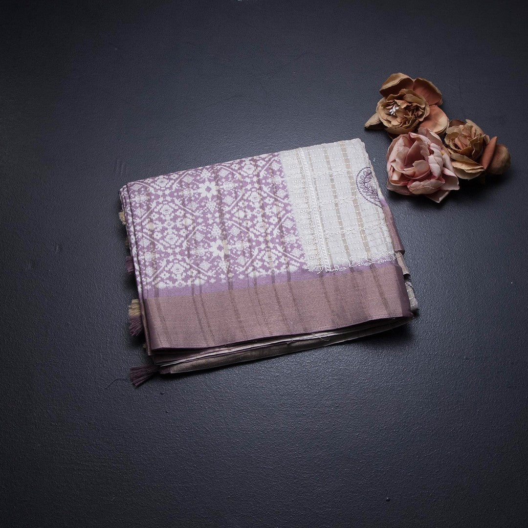 Raw Silk Purple Printed Saree With Zari Border