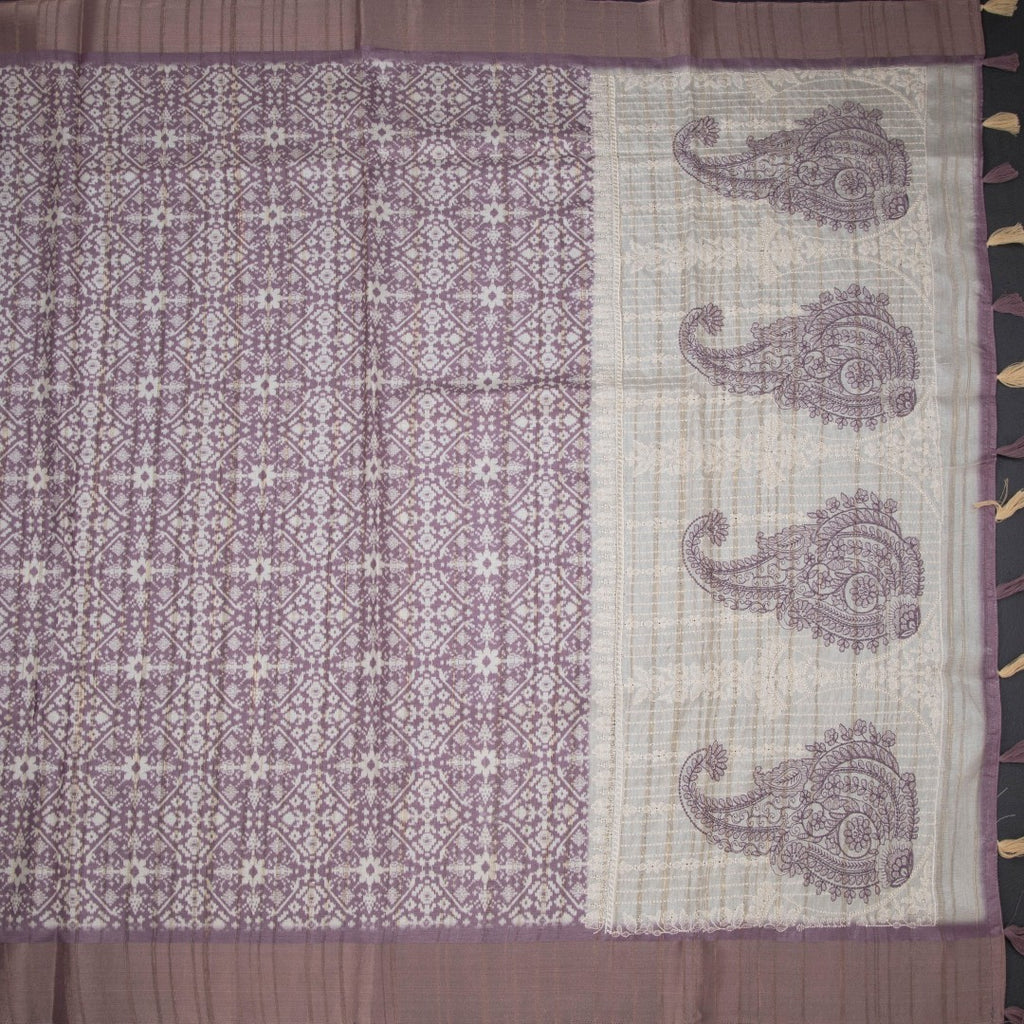 Raw Silk Purple Printed Saree With Zari Border