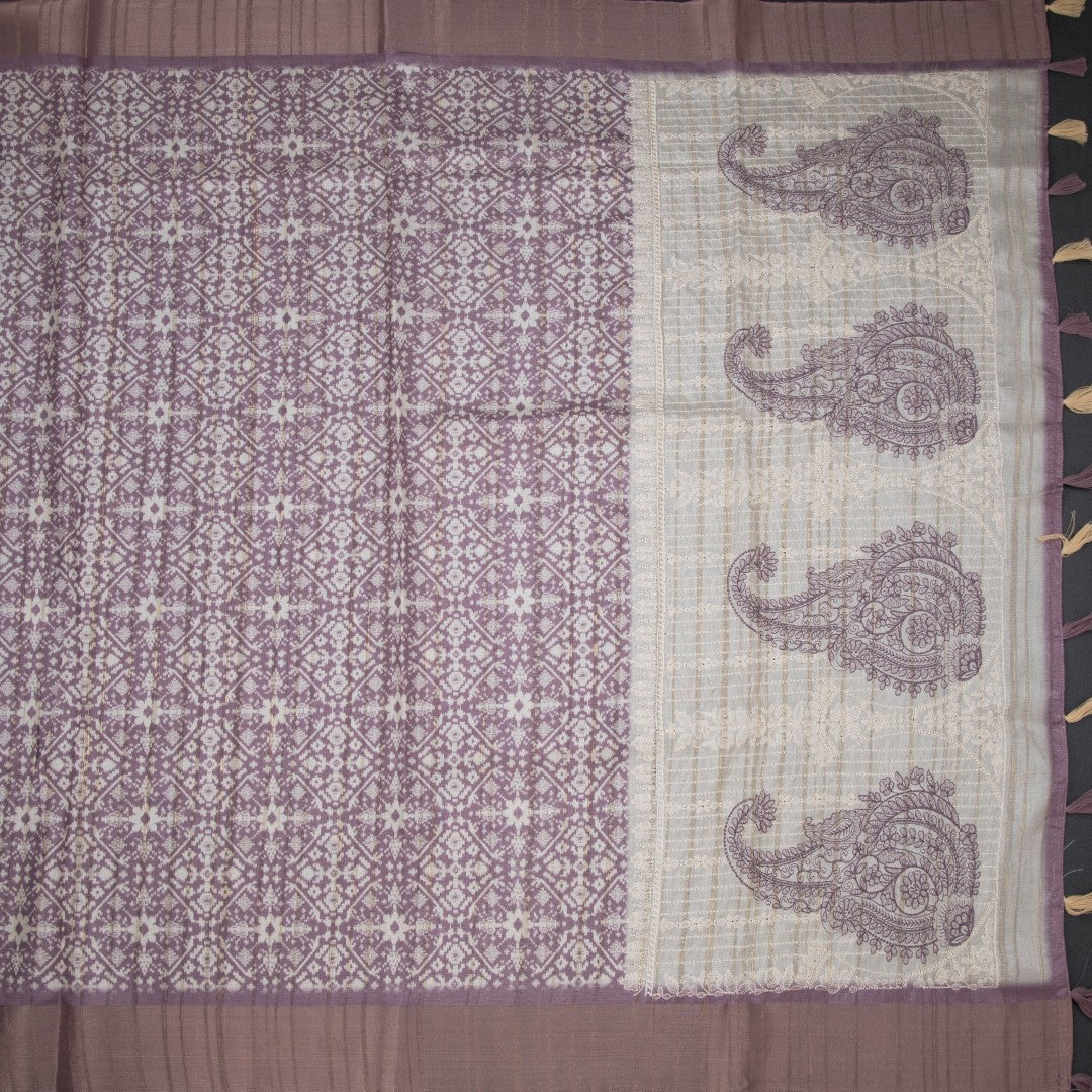 Raw Silk Purple Printed Saree With Zari Border