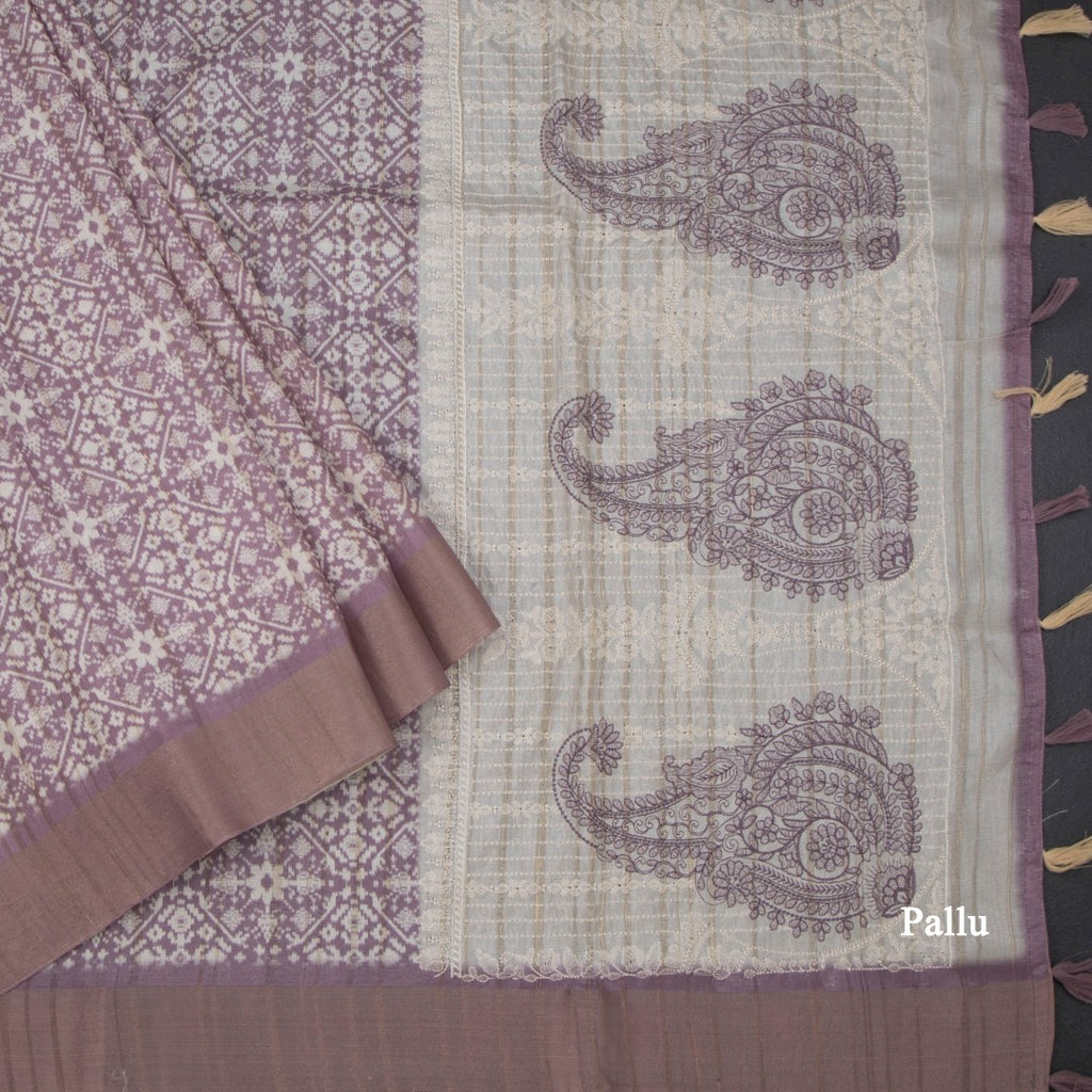 Raw Silk Purple Printed Saree With Zari Border