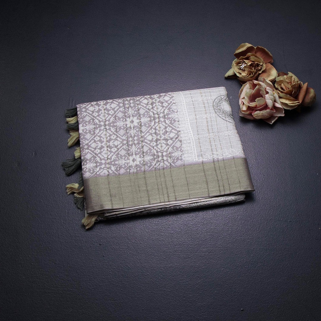 Raw Silk Olive Green Printed Saree With Zari Border 02