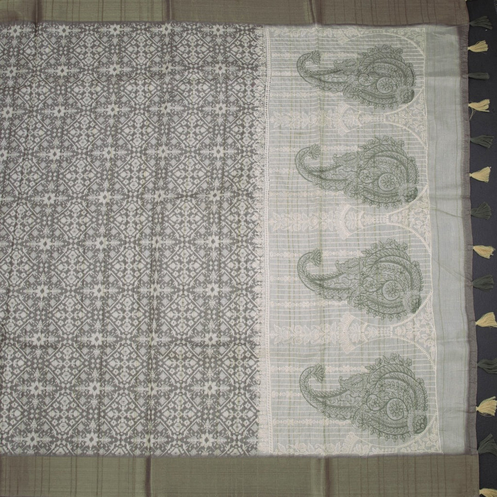 Raw Silk Olive Green Printed Saree With Zari Border 02