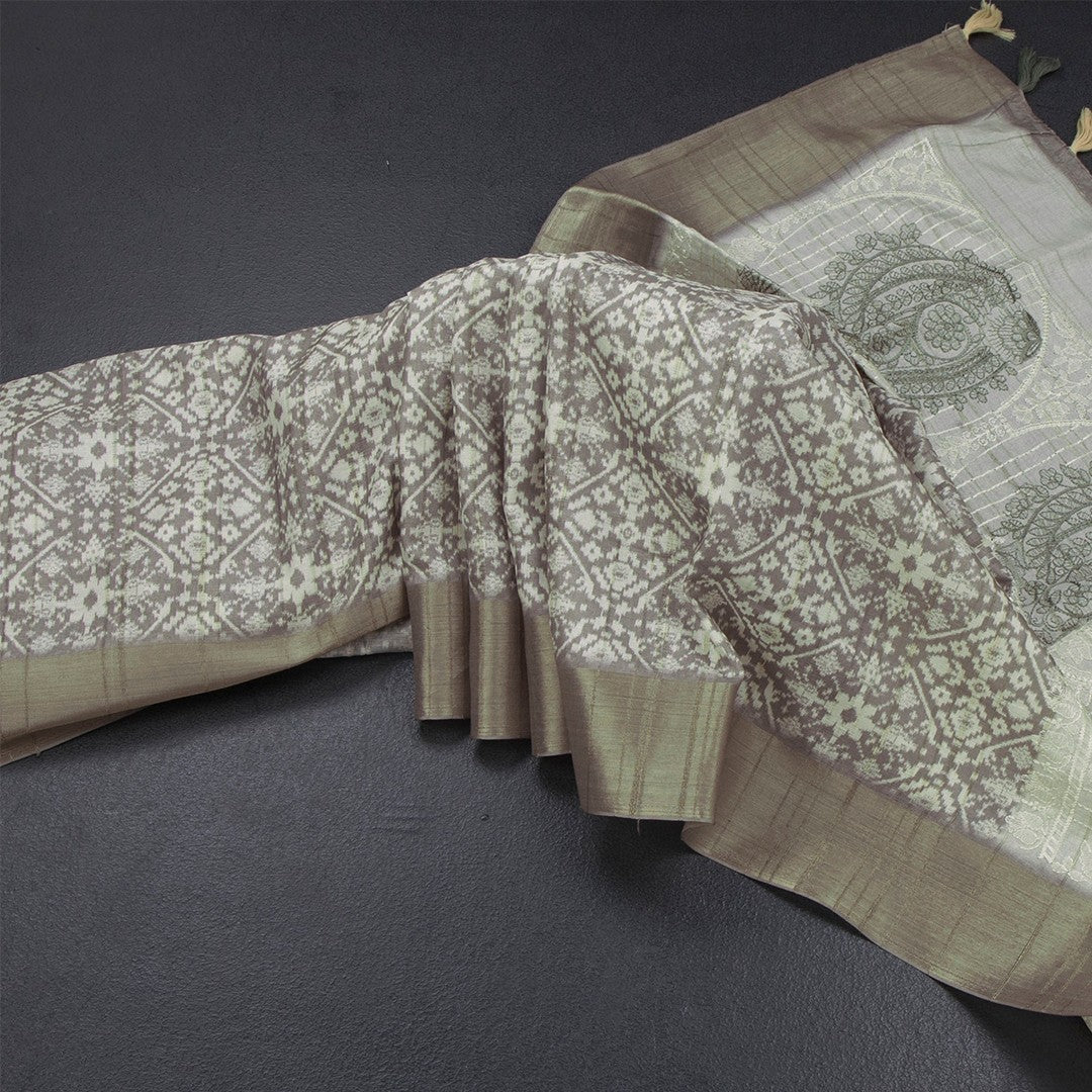 Raw Silk Olive Green Printed Saree With Zari Border 02