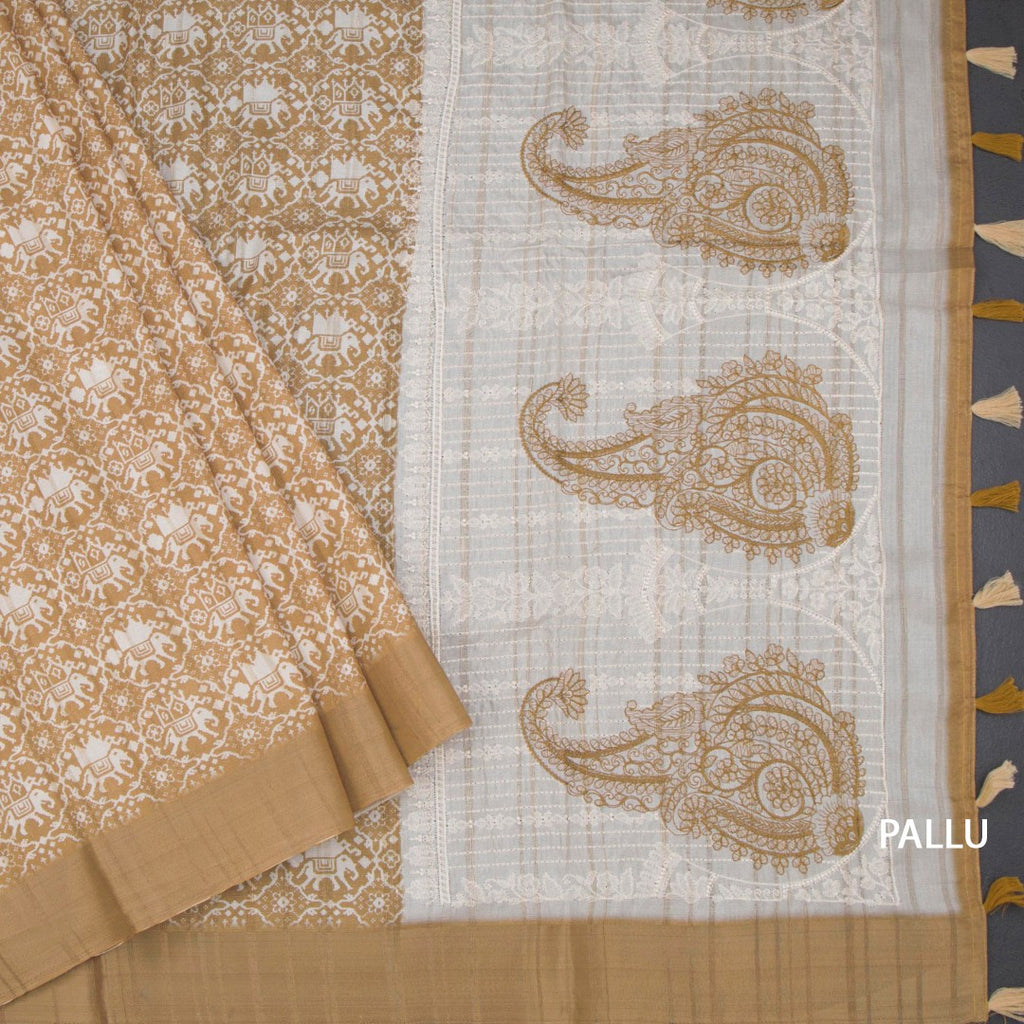 Raw Silk Mustard Yellow Printed Saree With Zari Border