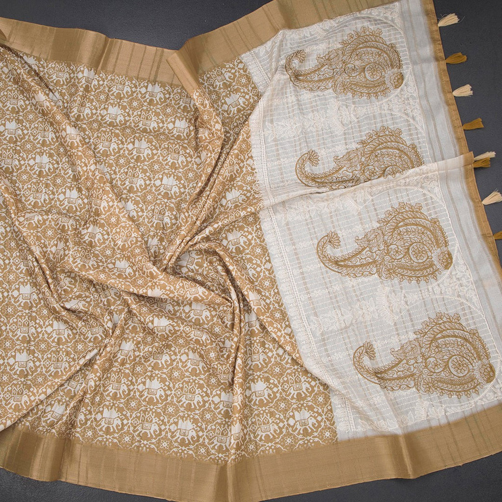 Raw silk mustard yellow printed saree with zari border from Shriyara Life, showcasing intricate print and elegant border details.