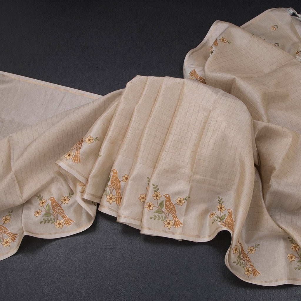 Raw Silk Cream Zari Checked Saree and Thread Border