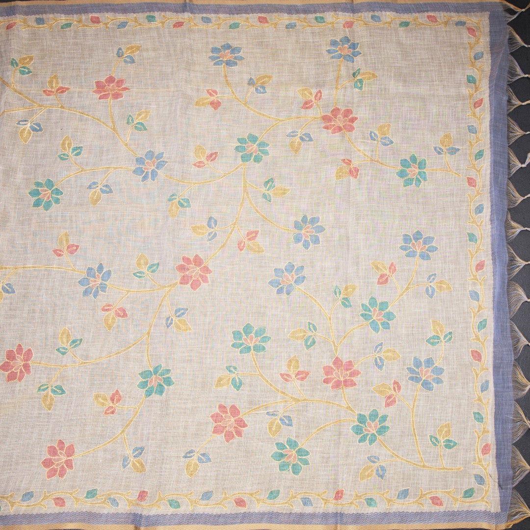 Linen Cream Saree With Painted Zari Thread Work