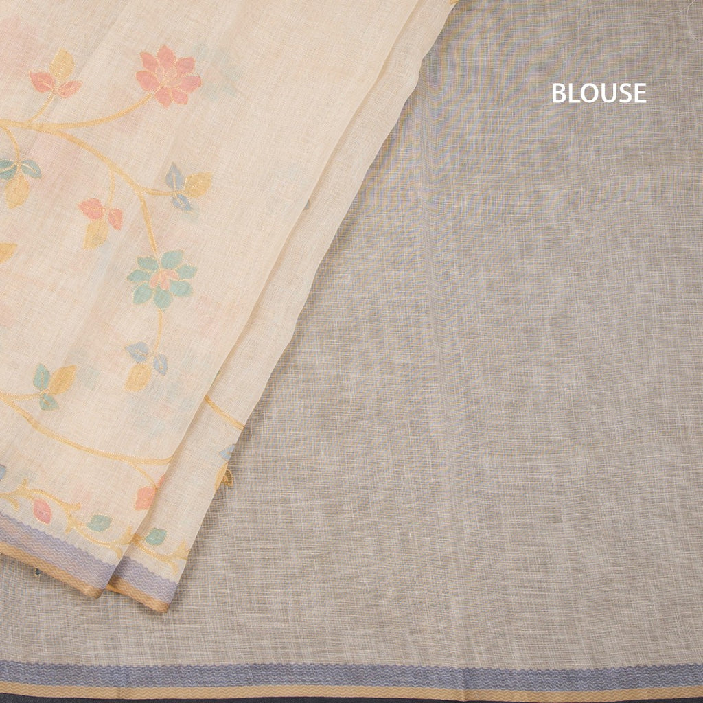 Linen Cream Saree With Painted Zari Thread Work