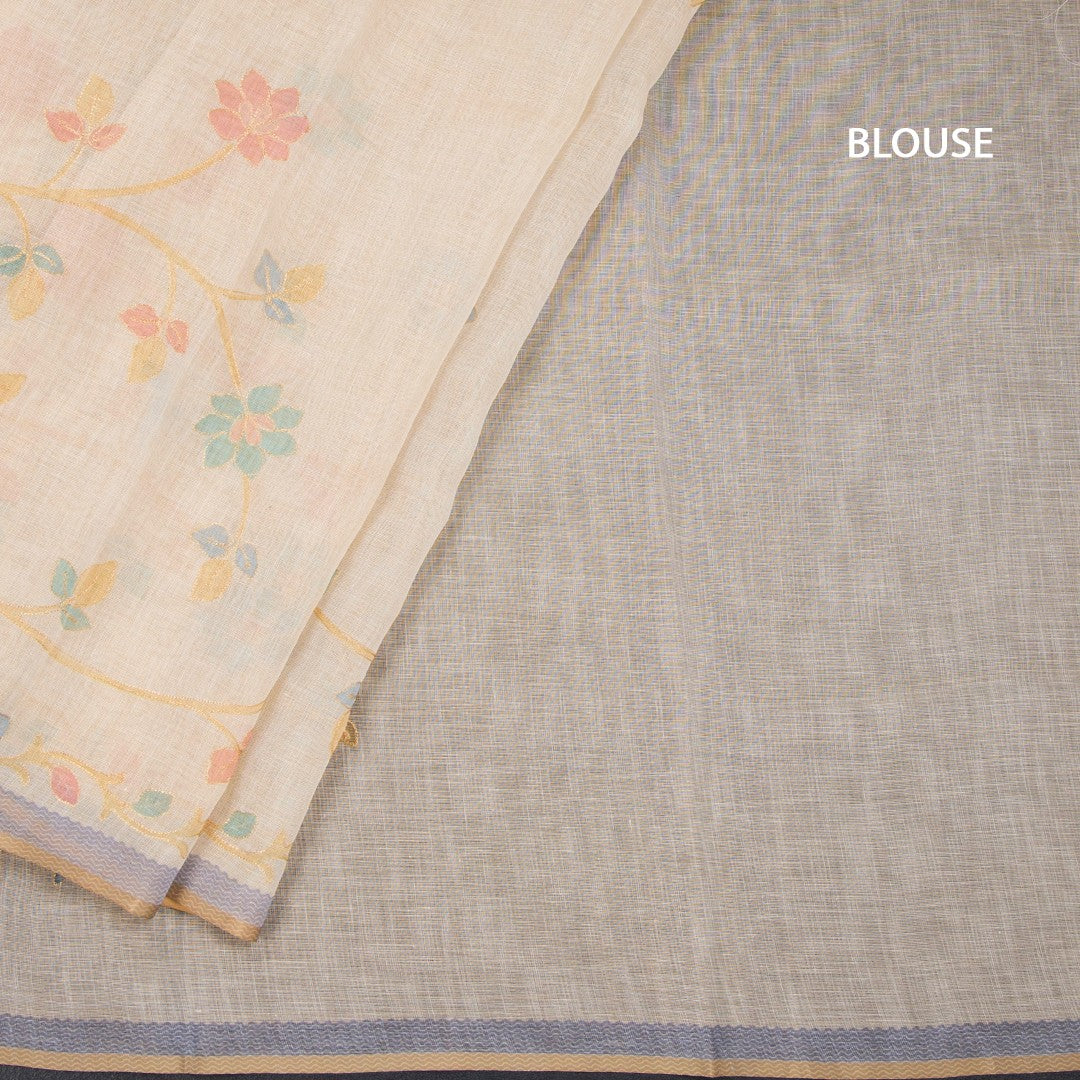 Linen Cream Saree With Painted Zari Thread Work