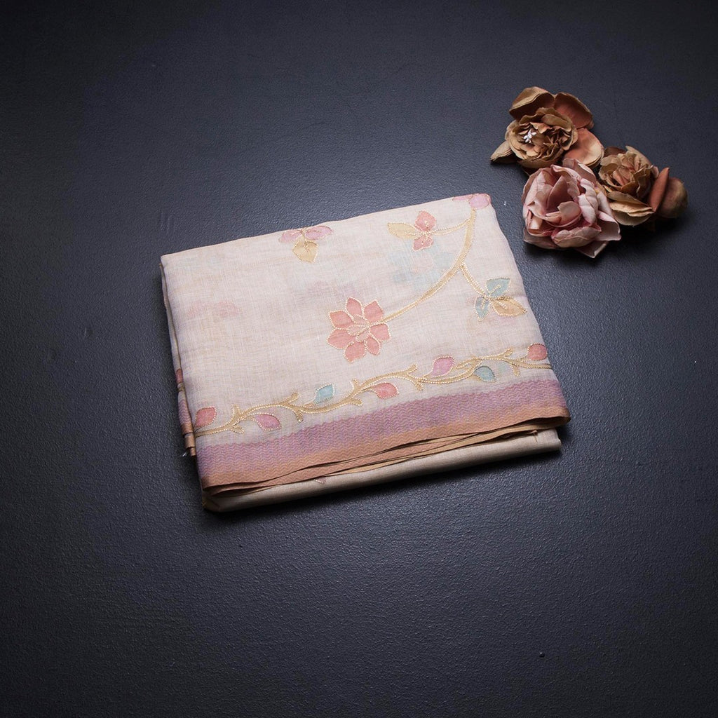 Linen Cream Saree With Painted Zari Thread Work 02