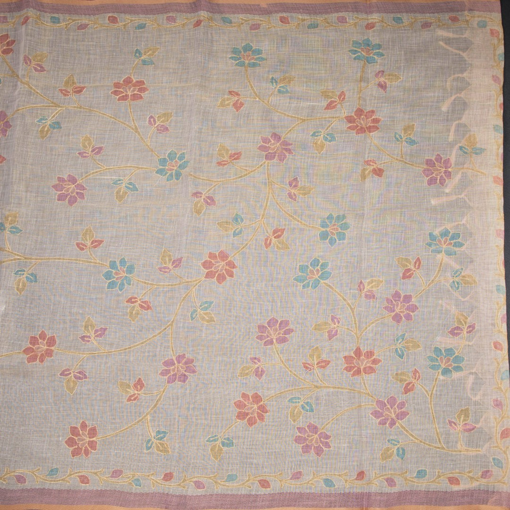 Linen Cream Saree With Painted Zari Thread Work 02