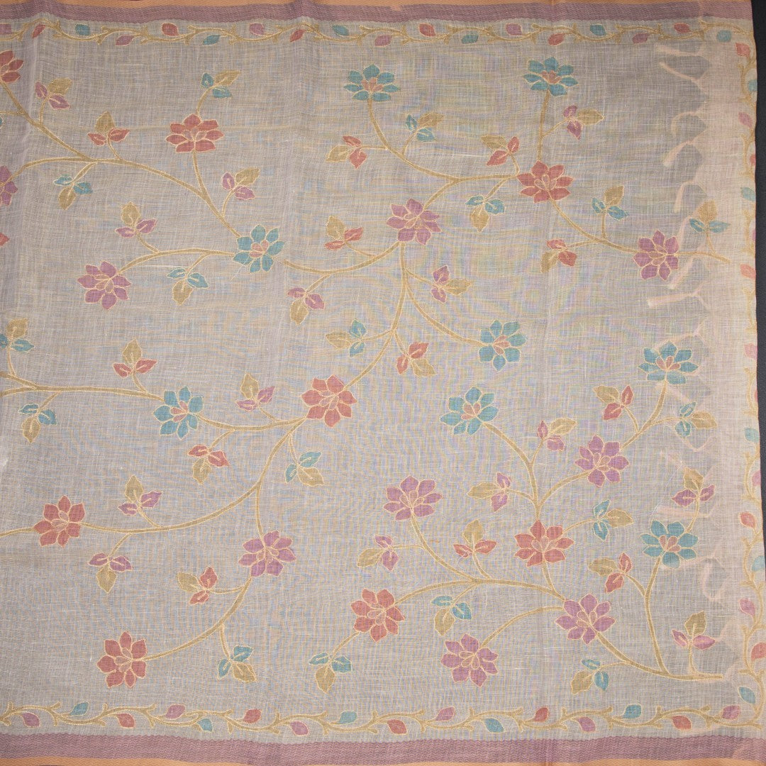 Linen Cream Saree With Painted Zari Thread Work 02