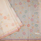 Linen Cream Saree With Painted Zari Thread Work 02